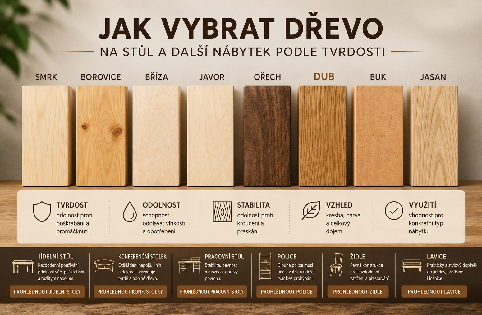 Jak vybrat dřevo na stůl a další nábytek podle tvrdosti