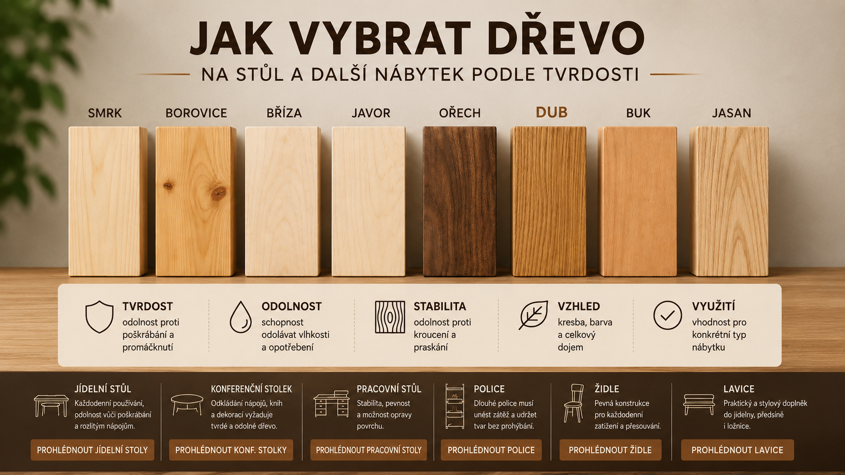 Jak vybrat dřevo na stůl a další nábytek podle tvrdosti