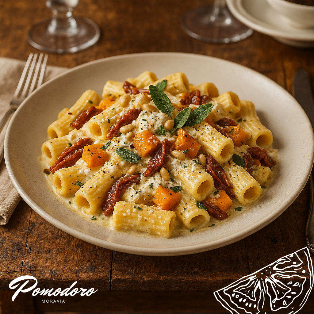 Podzimní rigatoni s nakládanými sušenými rajčaty, dýní a šalvějí