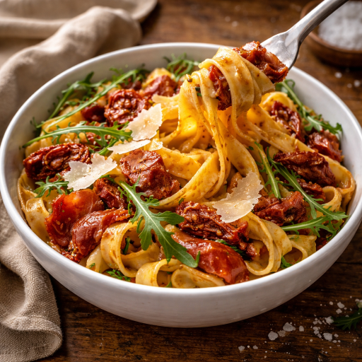 Pappardelle so sušenými paradajkami, prosciuttom a horou parmezánu