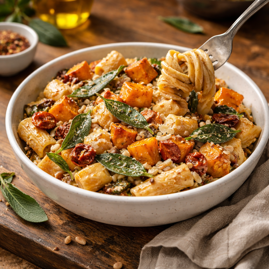 Rigatoni s nakladanými sušenými paradajkami, tekvicou a šalviou