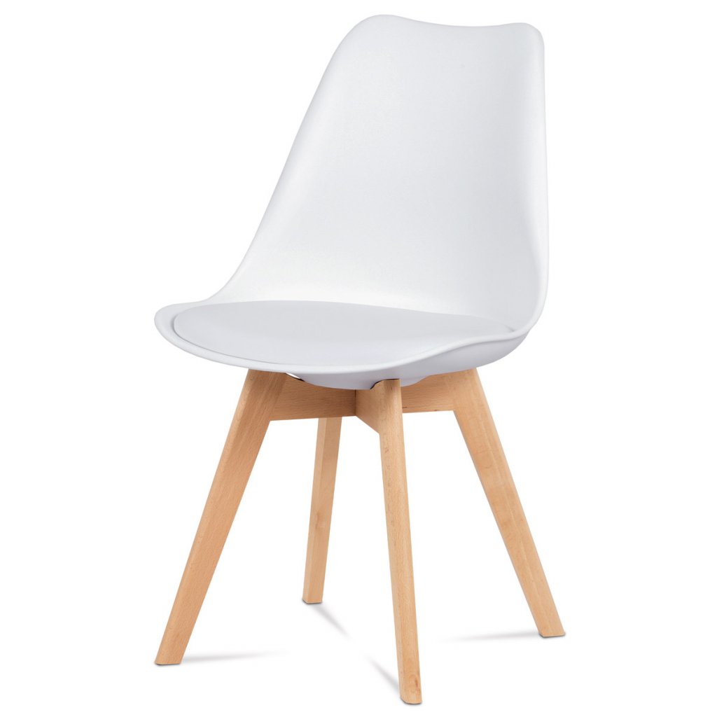 Jídelní židle plastová bílá s koženkovým sedákem, nohy masiv buk CT-752 WT