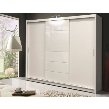 Šatní skříň 250 cm s posuvnými dveřmi v bílé barvě s bílým sklem KN158