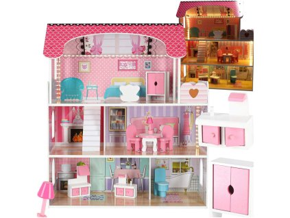 15415 domek dla lalek drewniany mdf mebelki 70cm rozowy led 176471