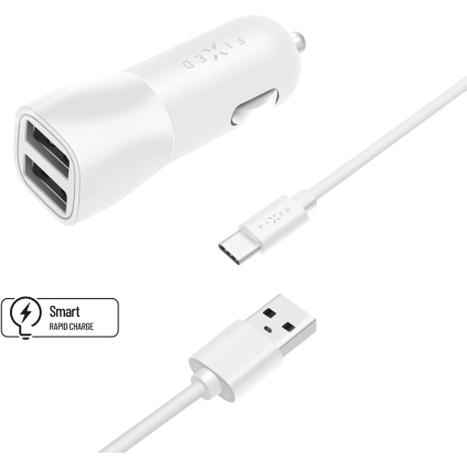 FIXCC15-2UC-WH Nabíjačka do auta FIXED s výstupom 2xUSB a káblom USB/USB-C, 1 meter, 15W Smart Rapid Charge, biela 8591680114825