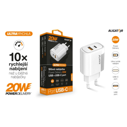 CHPD0009 Aligator PD 20W rýchlonabíjačka USB-C + USB, biela 8596426102036