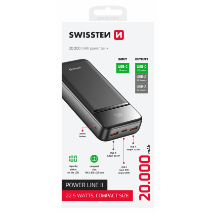 22013947 SWISSTEN POWER BANK 20000 mAh POWER LINE II BLACK 8595217490628