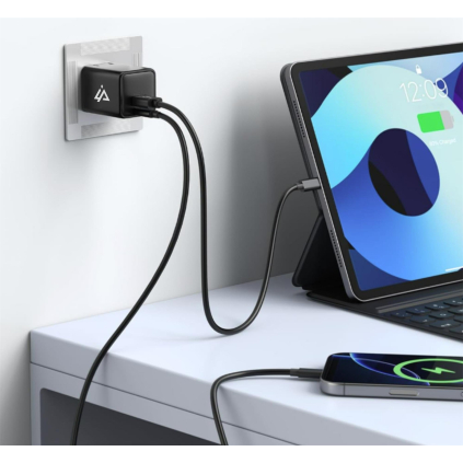 90010125 Nabíjačka iPEAX GaN 20W WIDTH CHARGER (USB-C + USB-A) ČIERNA 8595217491991