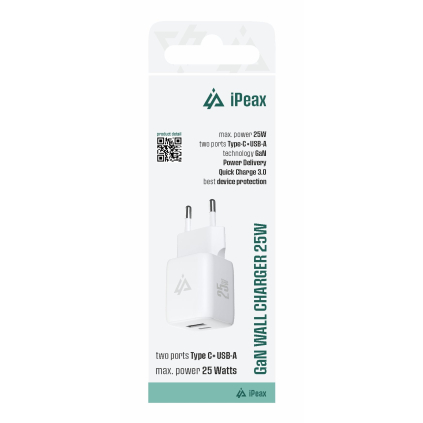 90010130 iPEAX GaN 25W KÁBLOVÁ NABÍJAČKA (USB-C + USB-A) BIELA 8595217492042
