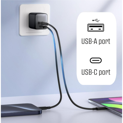 90010126 iPEAX GaN 25W KÁBLOVÁ NABÍJAČKA (USB-C + USB-A) ČIERNA 8595217492004