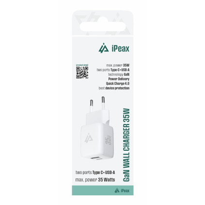 90010131 iPEAX GaN 35W KÁBLOVÁ NABÍJAČKA (USB-C + USB-A) BIELA 8595217492059