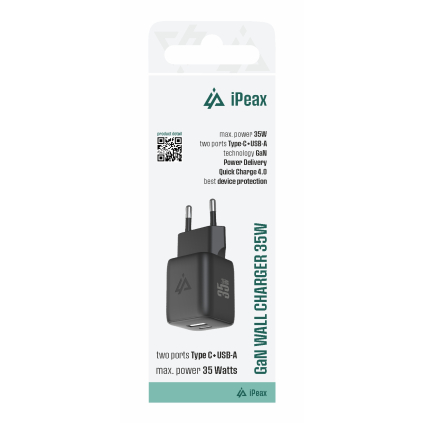 90010127 iPEAX GaN 35W KÁBLOVÁ NABÍJAČKA (USB-C + USB-A) ČIERNA 8595217492011