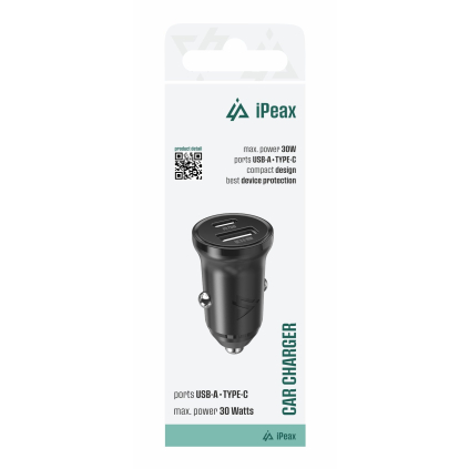 90010124 Nabíjačka do auta iPEAX CL-04, PD, 30 W, USB-C + USB-A ČIERNA 8595217491984