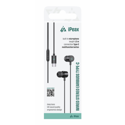 90010135 iPEAX USB-C KÁBLOVÉ SLÚCHADLÁ ČIERNE 8595217492097