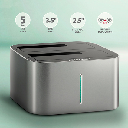 ADSA-DC AXAGON ADSA-DC, USB-C 5Gb/s - 2x SATA 6G 2,5"/3,5" SSD/HDD CLONE DUAL dokovacia stanica 8595247907707