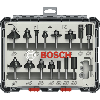 Bosch 15-dielna zmiešaná súprava fréz stopka 6 mm  + DARČEK Delta Plus Zátky do uší 1 pár CONIC001