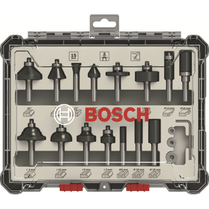 Bosch 15-dielna zmiešaná súprava fréz stopka 8 mm  + DARČEK Delta Plus Zátky do uší 1 pár CONIC001