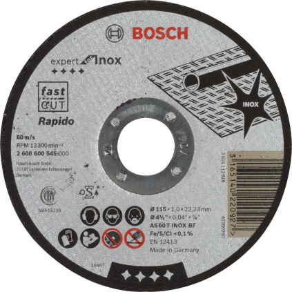 Bosch Rezací kotúč Expert for Inox rovný, hr. 1 mm, pr. 115 mm  + DARČEK Delta Plus Zátky do uší 1 pár CONIC001