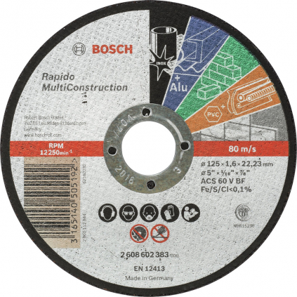 Bosch Rezací kotúč Rapido Multi Construction rovný, hr. 1,6 mm, pr. 125 mm  + DARČEK Delta Plus Zátky do uší 1 pár CONIC001