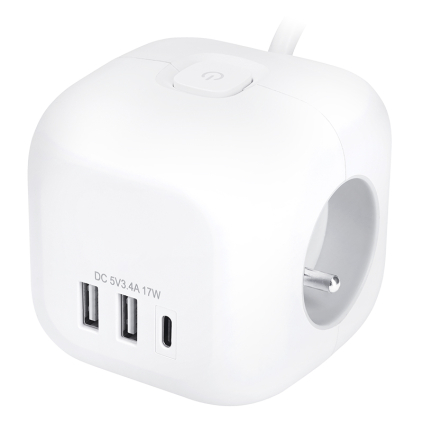 PP145C Solight 3z + USB A+C predlžovací prívod - kocka, 2m, 3 x 1mm2, biely, vypínač 8592718039721 - 1