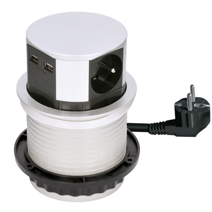 PP100USB Solight výsuvný blok zásuviek, 3 zásuvky, 2x USB, kruhový tvar nízky, predlžovací prívod 2m, 3 x 1mm2, strieborný 8592718020330 - 2