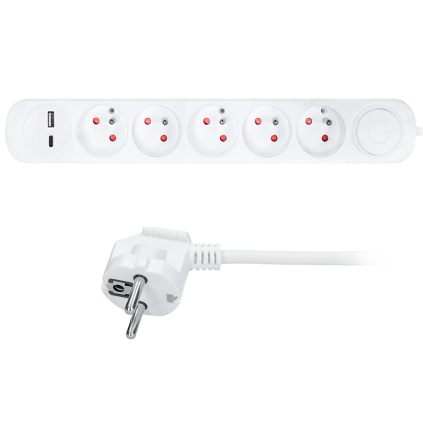 PP152USBC Solight predlžovací prívod 5 zásuviek, USB A+C nabíjačka 12W, 3m, 3 x 1mm2, biely, vypínač 8592718032944 - 1