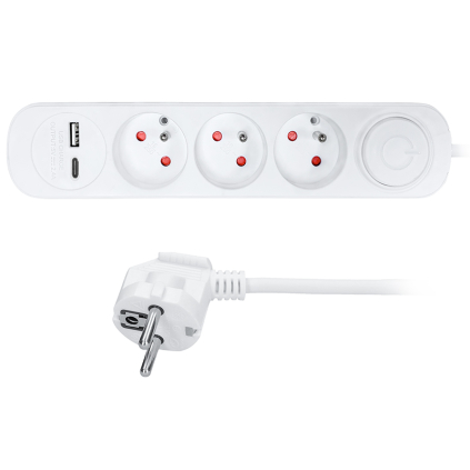 PP111USBC Solight predlžovací prívod 3 zásuvky, s USB A+C nabíjačka 12W, 2m, 3 x 1mm2, biely, vypínač 8592718032937 - 1