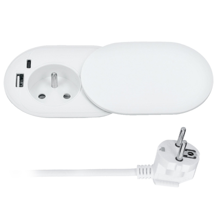 PP124CW-PD20 Solight 1z + USB A+C 20W PD vstavaná zásuvka s posuvným viečkom, 2m, matná biela 8592718040796 - 1