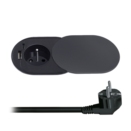 PP124CB-PD20 Solight 1z + USB A+C 20W PD vstavaná zásuvka s posuvným viečkom, 2m, matná čierna 8592718038472 - 1
