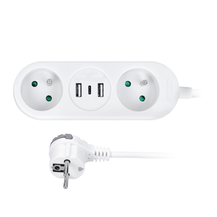 PP154C Solight 2z + USB A+C 17W, cestovný predlžovací prívod 1.5m, biely 8592718036836 - 1