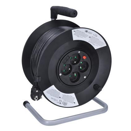 PB02 Solight predlžovací prívod na bubne, 4 zásuvky, 50m, čierny kábel, 3x 1,5mm2 8595092107307 - 1