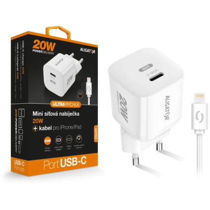CHPD0018 ALIGATOR Mini rýchlonabíjačka, PD 20W, USB-C/bleskový kábel, biela 8596426104245