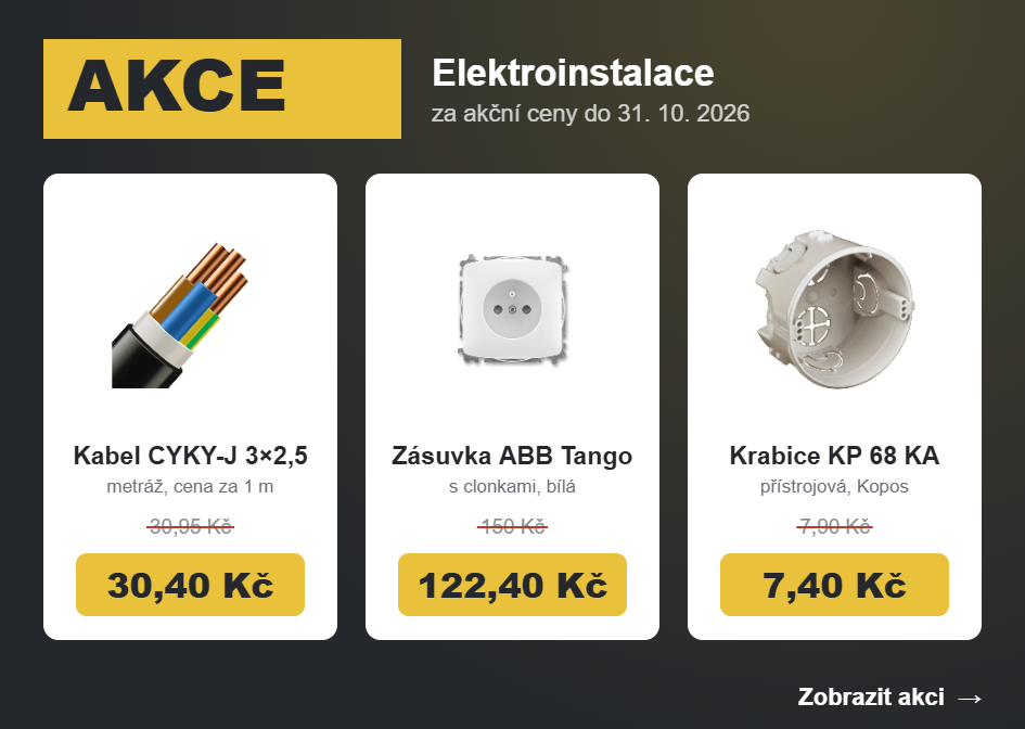 Akce elektroinstalace – kabel CYKY-J 3x2,5, zásuvka ABB Tango, krabice KP 68 KA