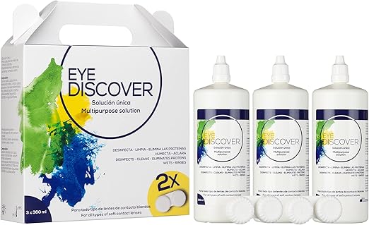 EYE DISCOVER prípravok na starostlivosť o mäkké kontaktné šošovky, 3 x 360 ml (bez púzdra na šošovky)