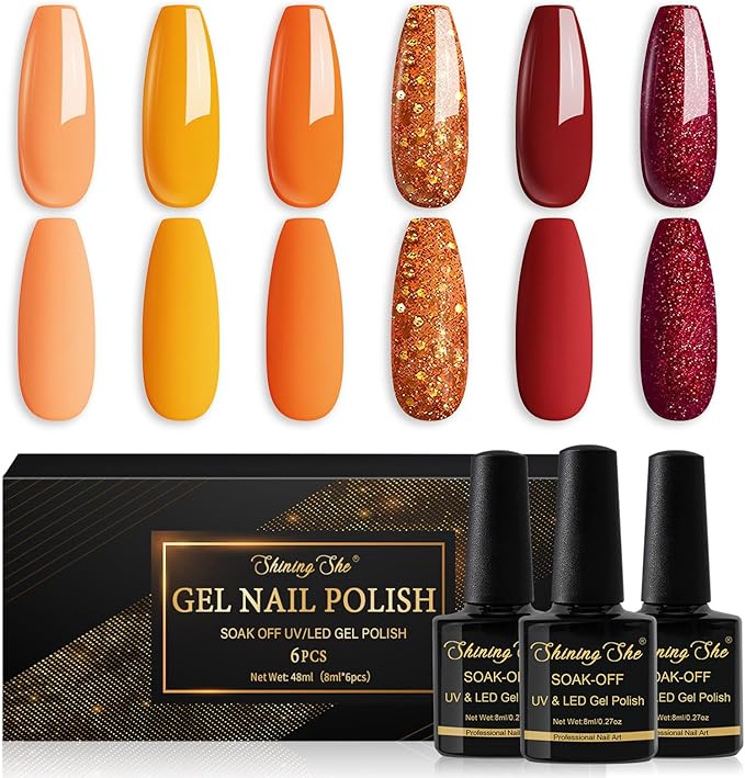 Shining She Shining She, 6 x8ml Žltá Oranžová Červená Glitter A106, A107, A108, A109, A113, A115