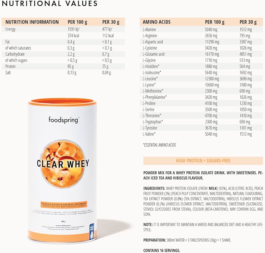 Foodspring Clear Whey, broskyňový ľadový čaj s ibiškom 480 g proteínový kokteil Expirácia 3/2025