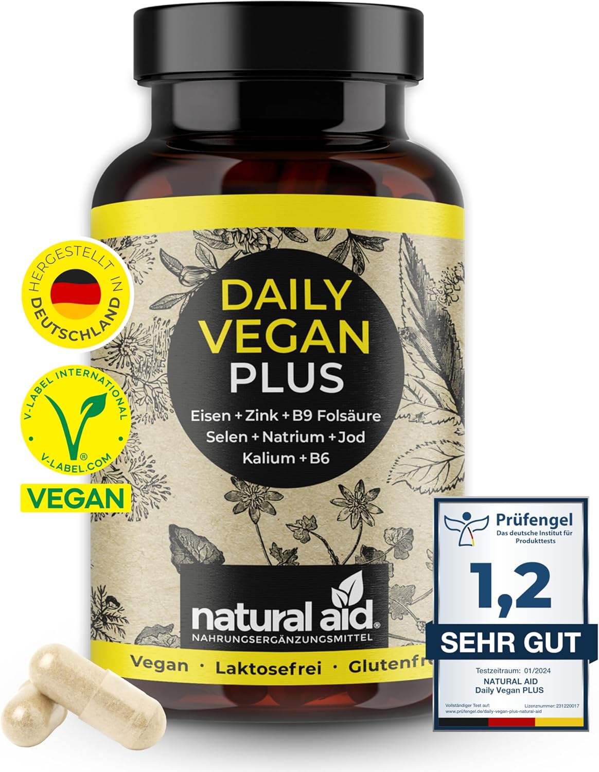 Natural aid Daily Vegan Plus Železo + Zinok + Kyselina listová B9 + Selén + Sodík + Jód + Draslík + B6 120 kapsúl