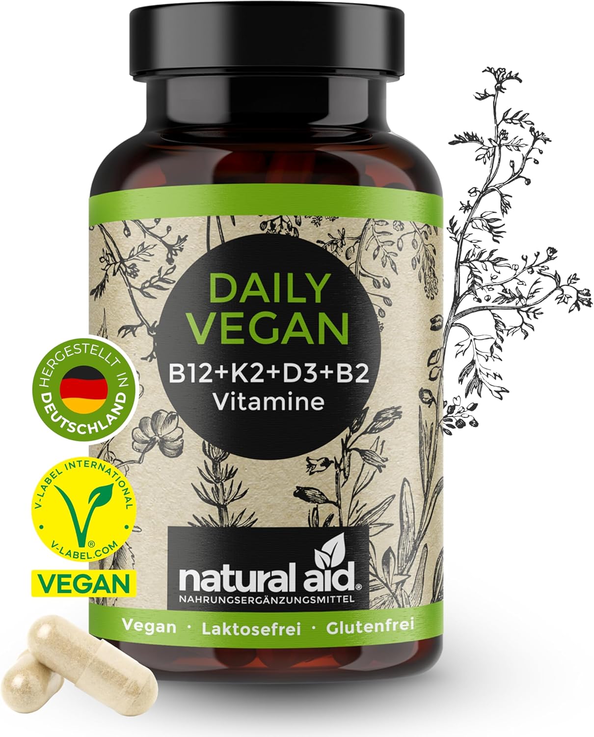 Natural aid daily vegan vitamín B12 + K2 + D3+ B2 komplex 120 kapsúl Exp.: 3/2025