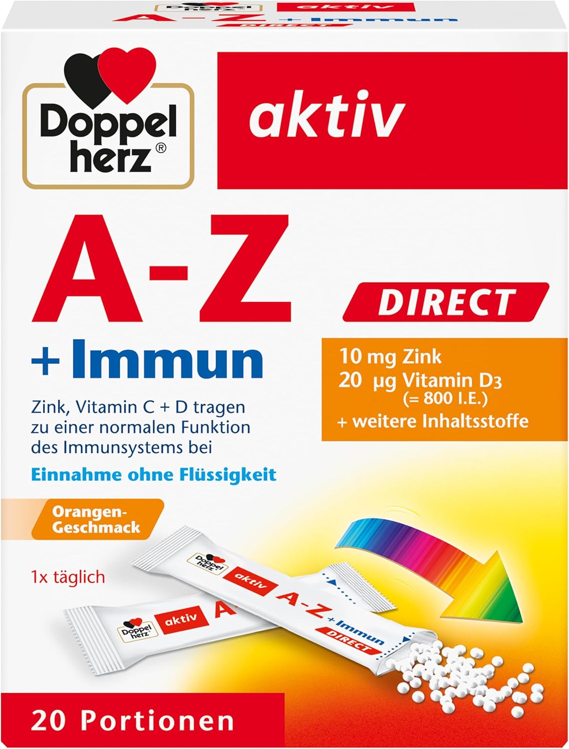 Doppelherz AZ + Immune Direct – so zinkom, vitamínom B12, vitamínom C a D 20 vrecúšok-poškodená krabica Exp.: 11/2025