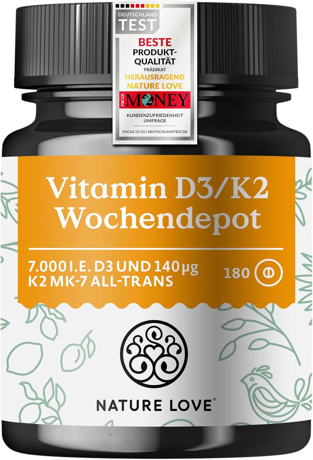 Nature Love vitamín D3 K2 – 180 vegánskych tabliet – 7000 IE D3 + 140 µg K2 na tabletu Exp.: 12/2025
