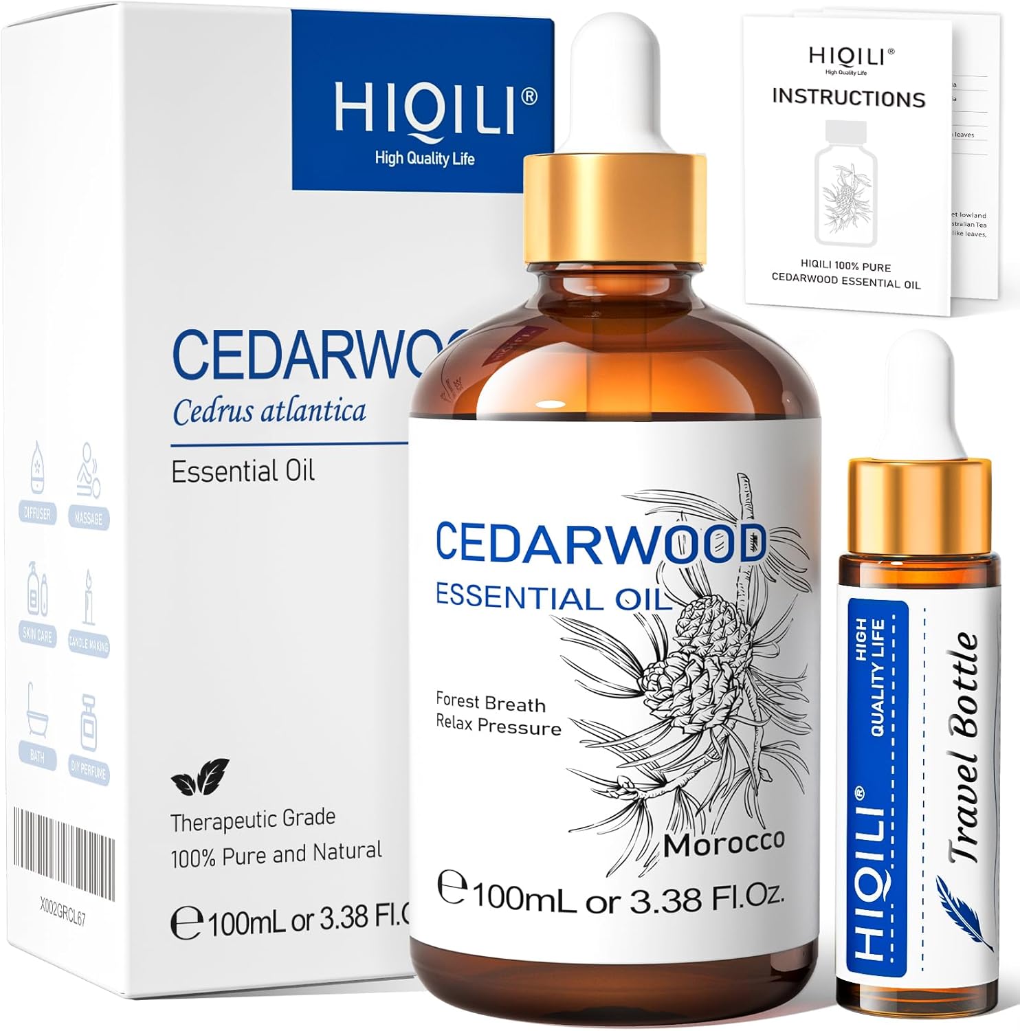 Hiqili Esenciálny olej z cédrového dreva 100%, 100ml