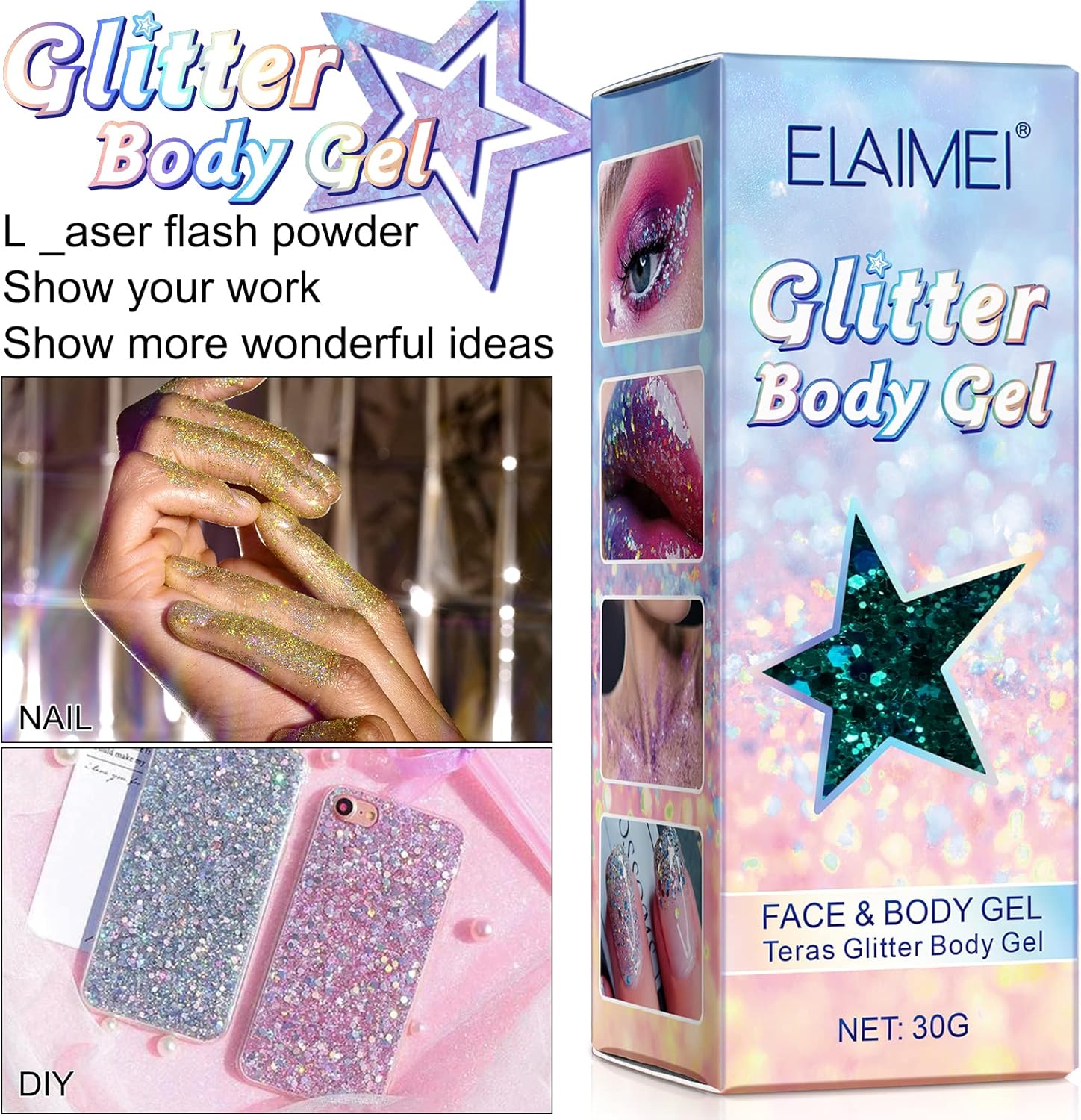 ELAIMEI Telový trblietavý gél, trblietky Holografický hrubý gél, 6x30ml