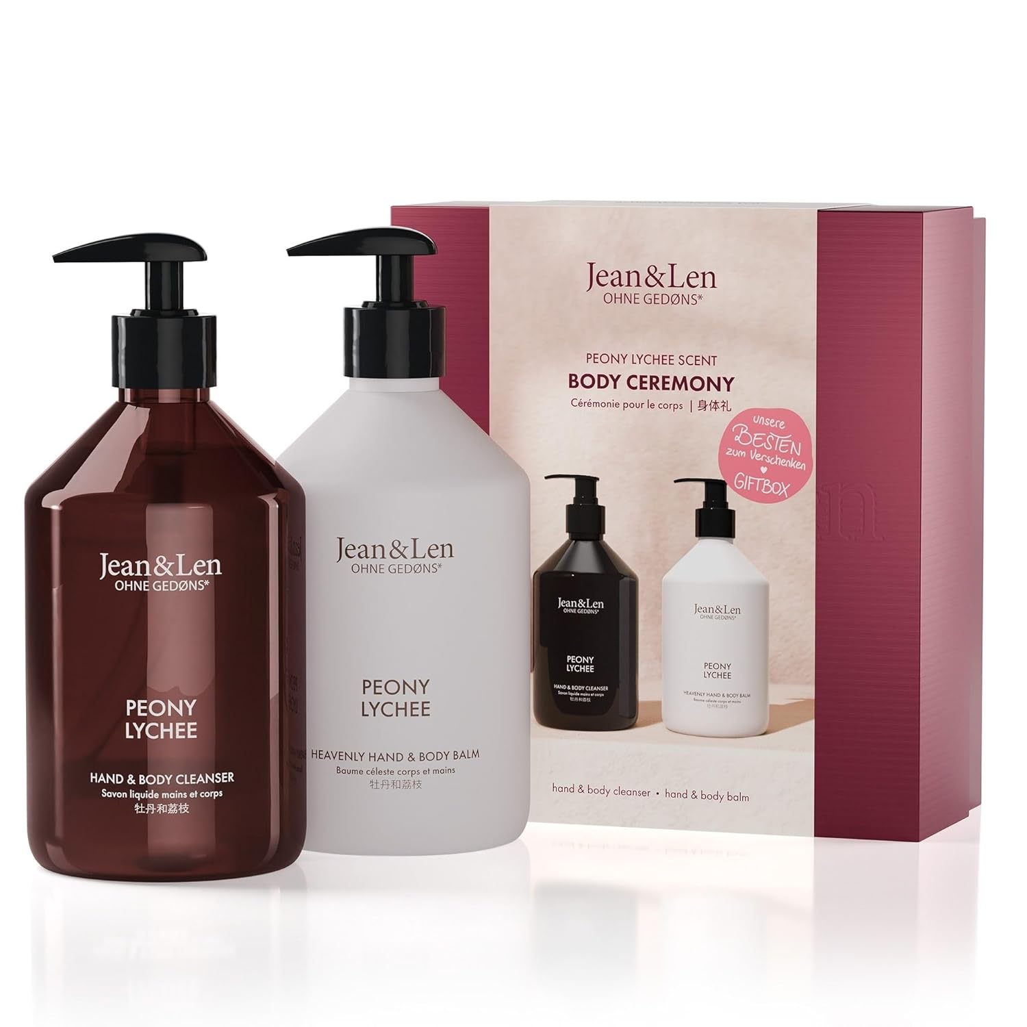 Jean & Len Body Ceremony Pivonka a liči, s mydlom na ruky a telo a balzamom 2 x 500 ml-bez krabice