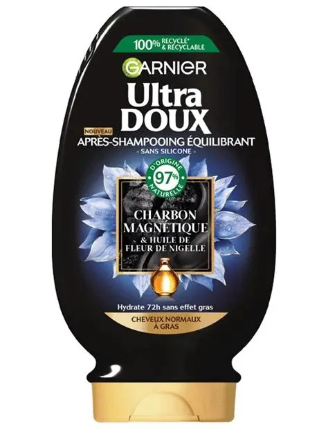 Garnier Ultra Doux hydratačný a vyrovnávací kondicionér s magnetickým uhlím a čiernym kvetom - pre normálne až mastné vlasy - 200 ml