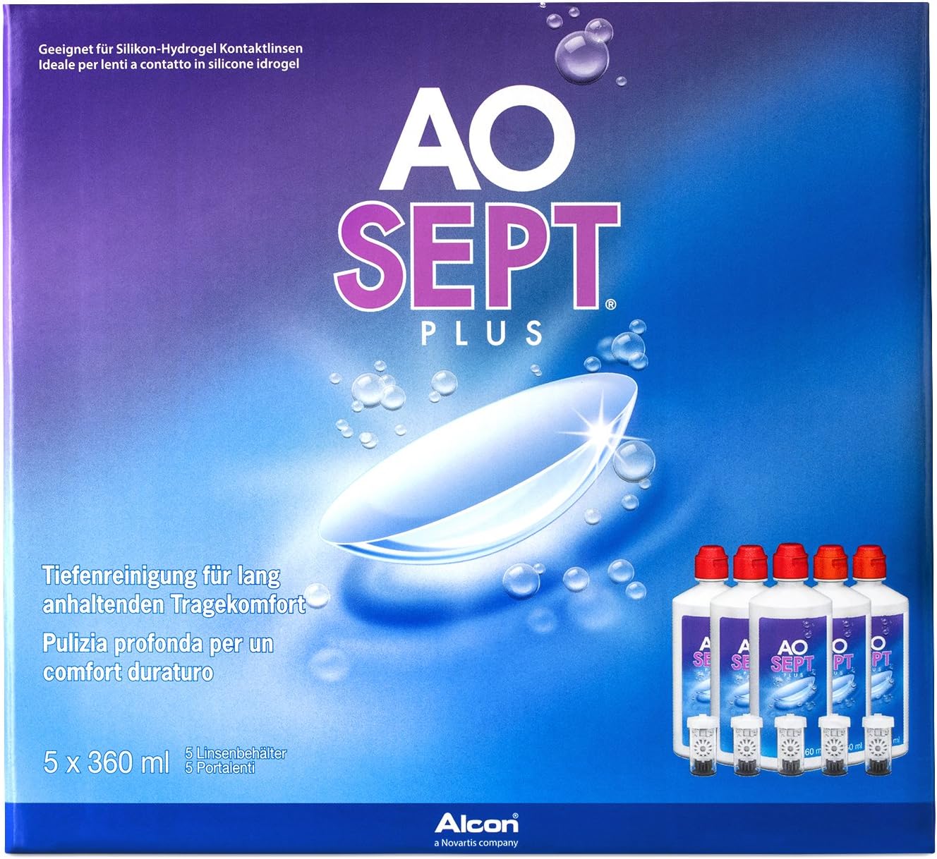 Alcon Roztok na kontaktné šošovky Aosept Plus, multi balenie, 5 x 360 ml (EXP 31/08/2025)