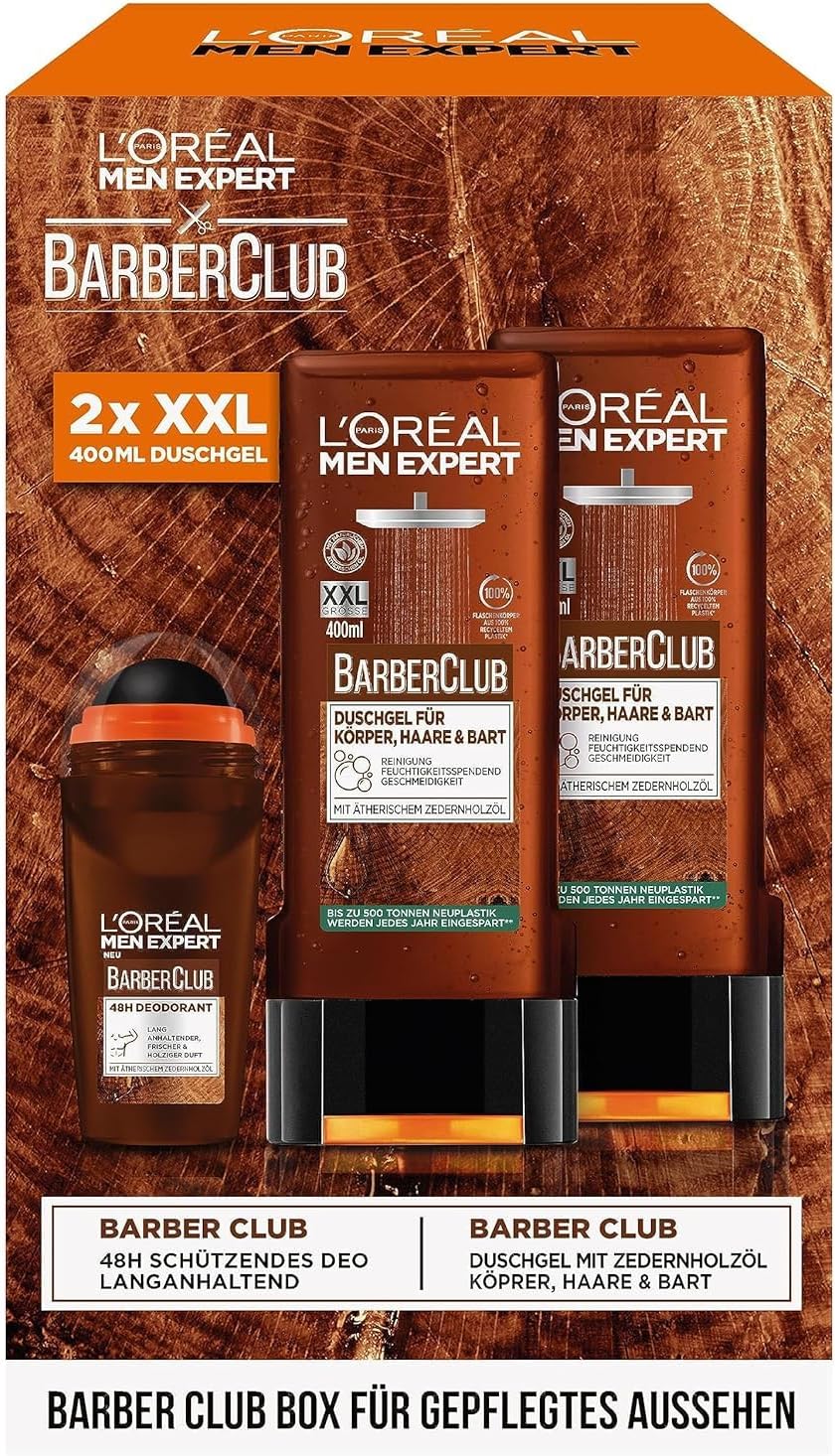 Sada starostlivosti L'Oréal Men Expert BarberClub, sprcha 2 x 400 ml, roll-on 1 x 50 ml