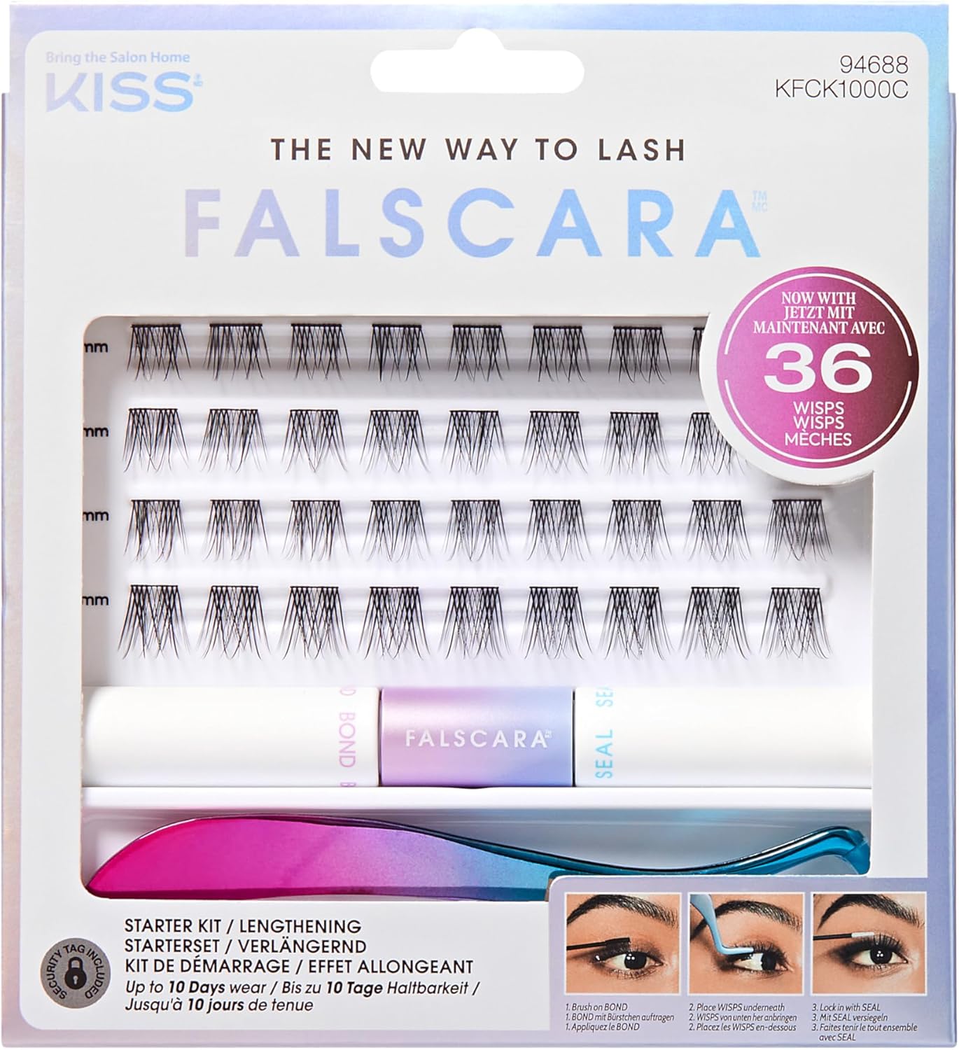 KISS FALSCARA DIY Bond & Seal štartovacia sada na predlžovanie mihalníc, presný aplikátor a 36 predlžovacích nástavcov 10-12 mm