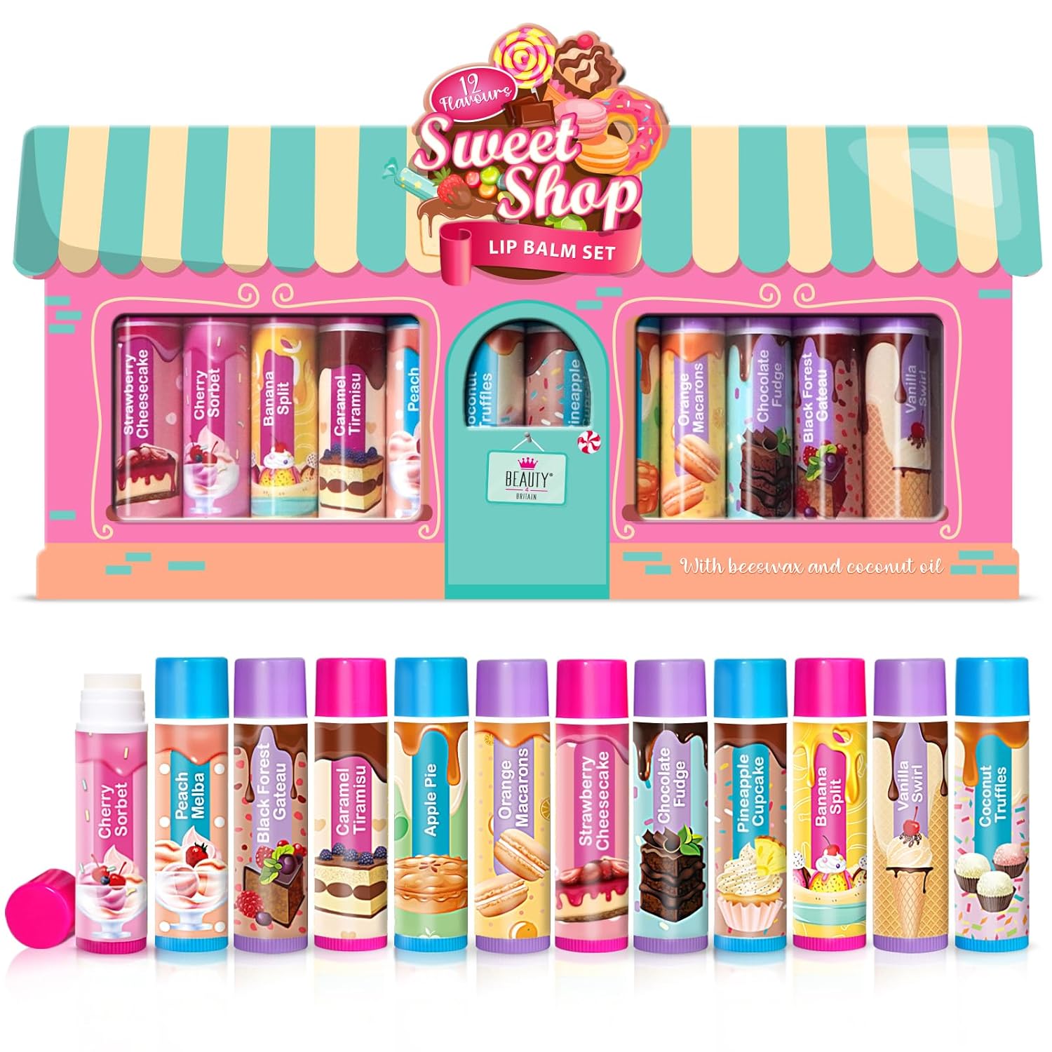 Beauty4Britain Detská sada balzamov na pery Sweet Treats 12x 3,4g