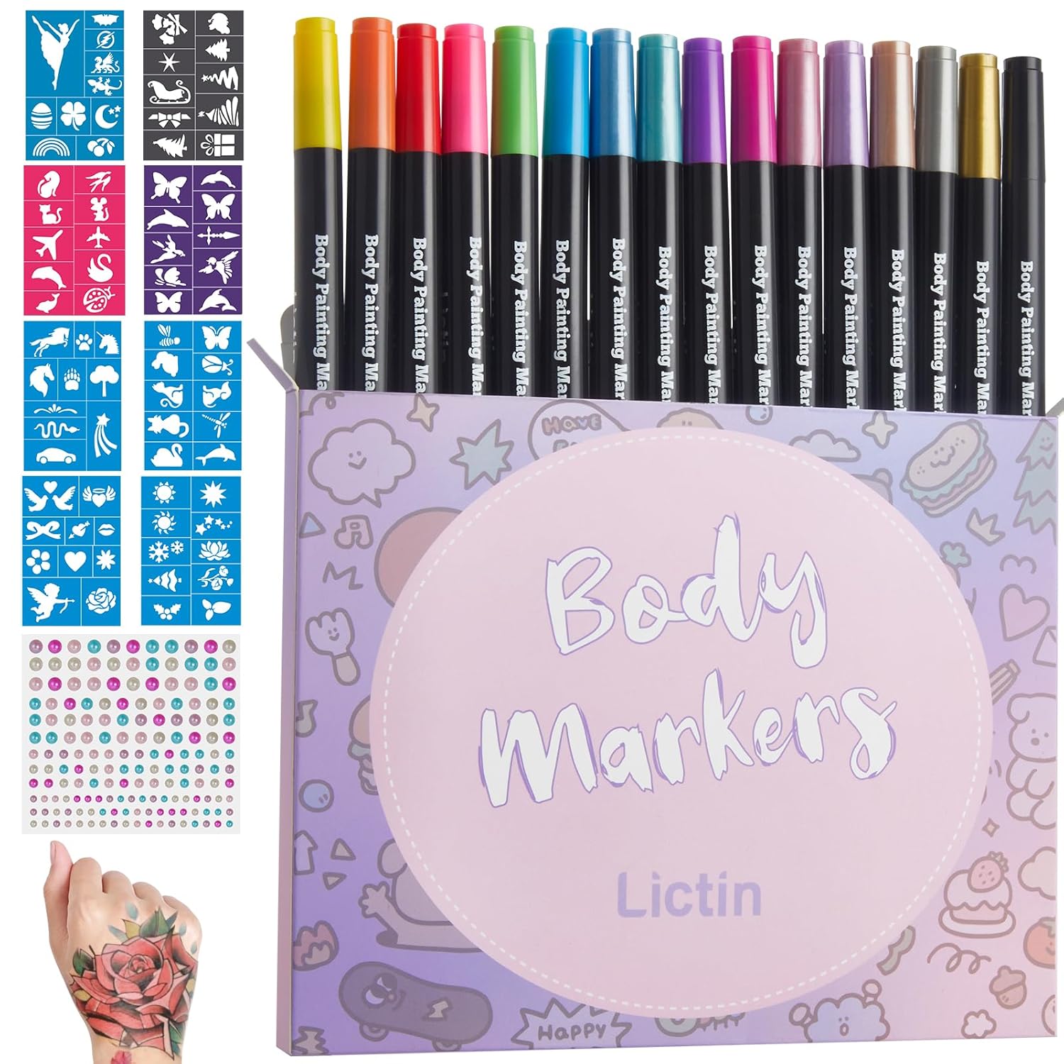 Dočasné tetovacie fixky Lictin na pokožku, 16 farieb, obojstranné s 80 tetovacími šablónami