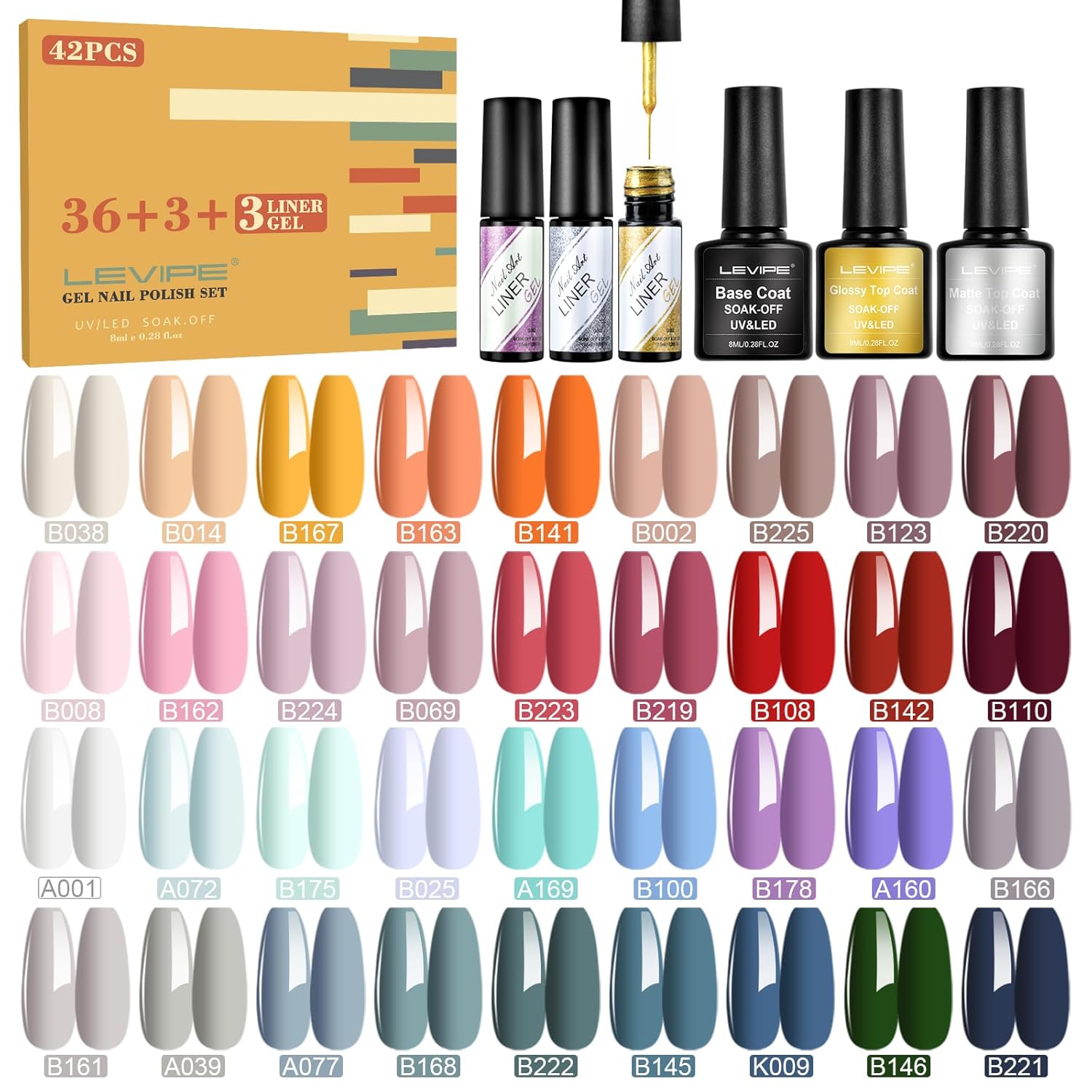 LEVIPE UV Nail Polish Set, 8 ml x 36 + 4 + 3 ks